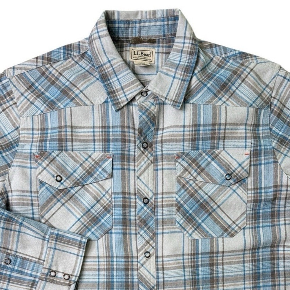 LL Bean Shirt Western Traditional Mens Blue Plaid Snap Soft Work Outdoor Large